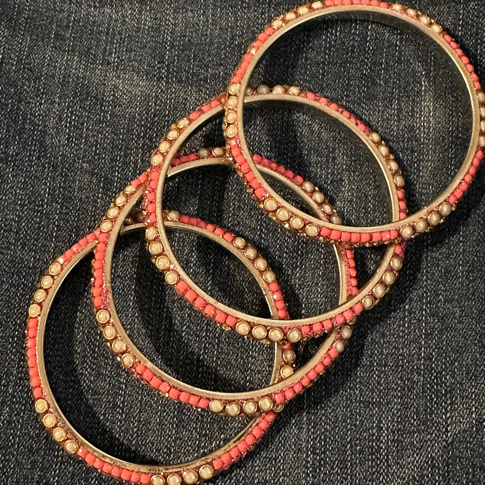 Elegant Pink and Gold Beaded Bangles with Pearl and Rhinestones